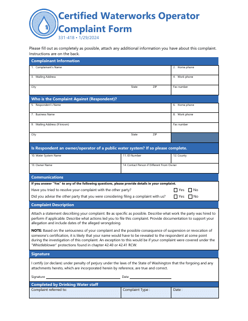 Form 331-418 Certified Waterworks Operator Complaint Form - Washington