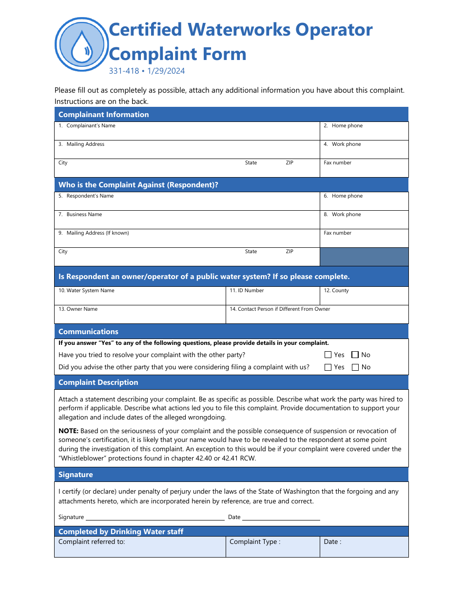 Form 331-418 Certified Waterworks Operator Complaint Form - Washington, Page 1