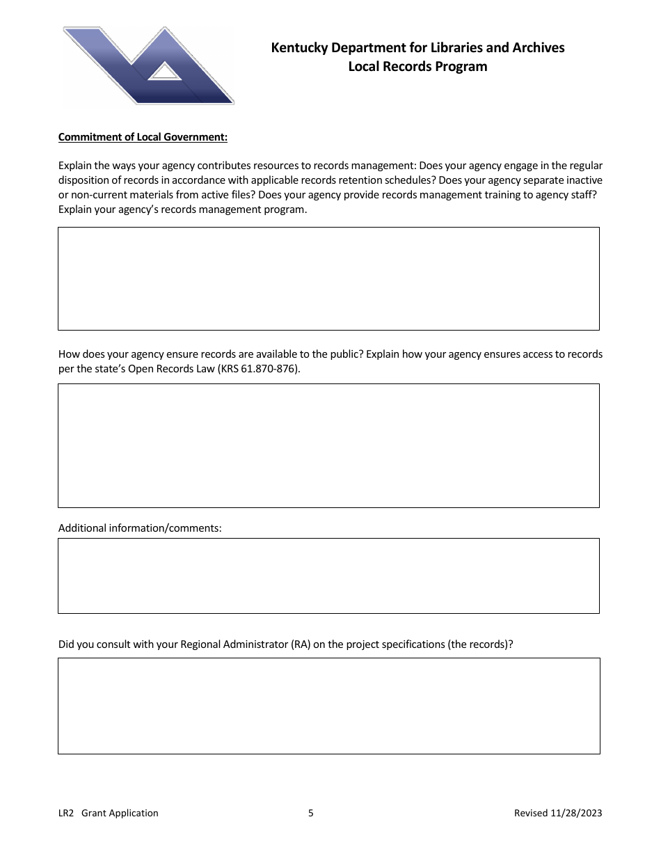 Form LR2 Local Records Program Grant Application - Kentucky, Page 5