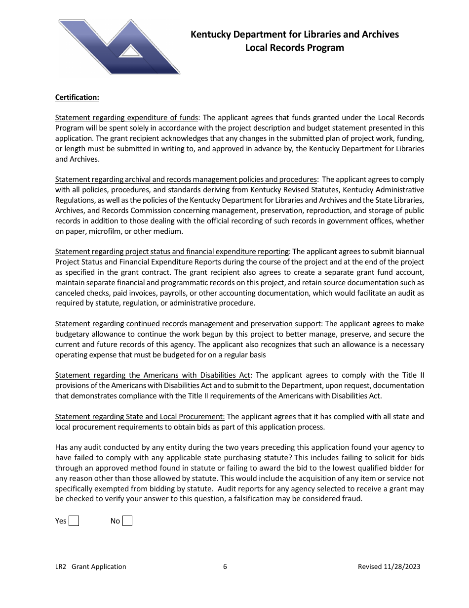 Form LR2 Local Records Program Grant Application - Kentucky, Page 6