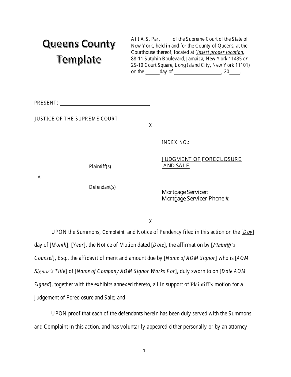 Judgment of Foreclosure and Sale - Queens County, New York, Page 1