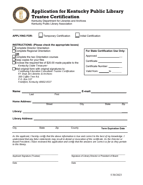 Application for Kentucky Public Library Trustee Certification - Kentucky Download Pdf