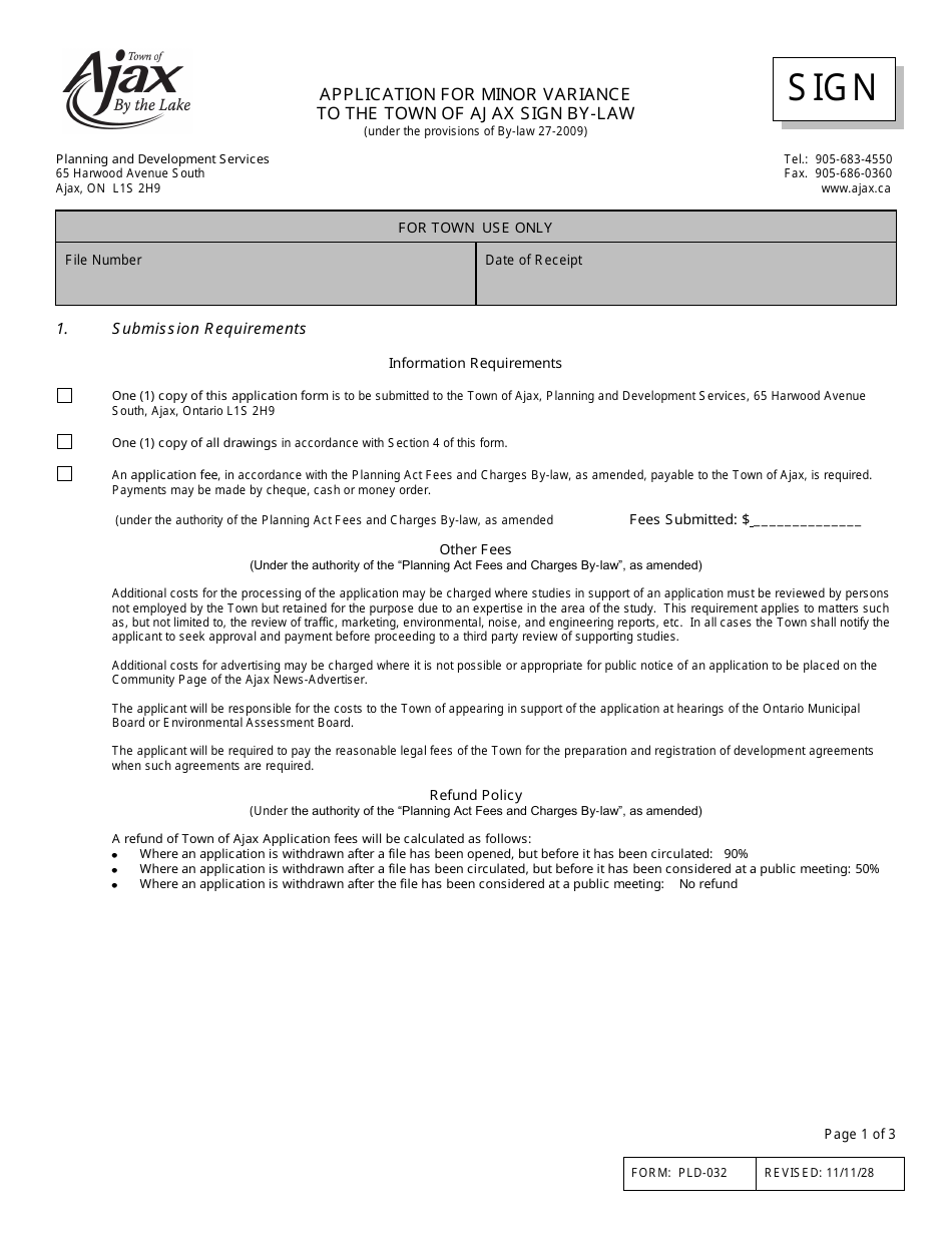 Form PLD-032 Application for Minor Variance to the Town of Ajax Sign by-Law - Town of Ajax, Ontario, Canada, Page 1