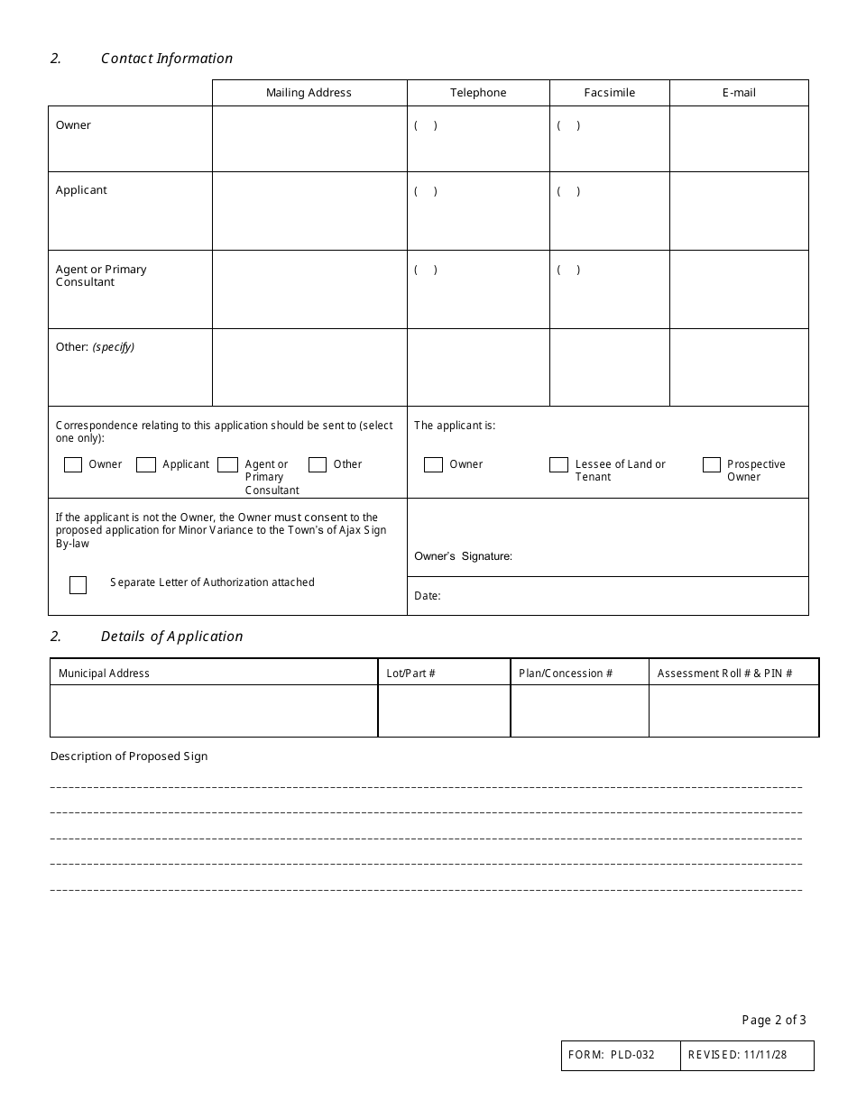 Form PLD-032 Application for Minor Variance to the Town of Ajax Sign by-Law - Town of Ajax, Ontario, Canada, Page 2