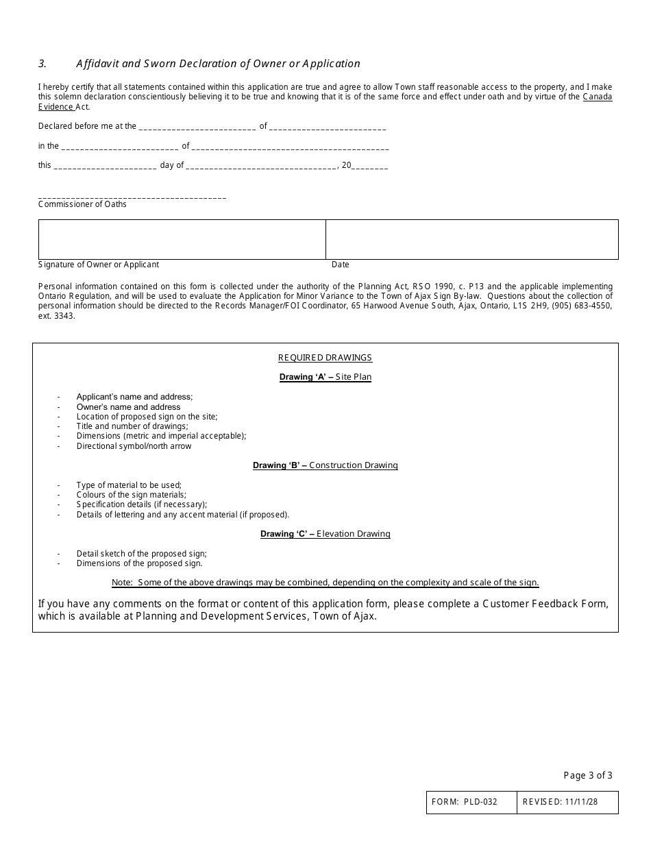 Form PLD-032 Application for Minor Variance to the Town of Ajax Sign by-Law - Town of Ajax, Ontario, Canada, Page 3
