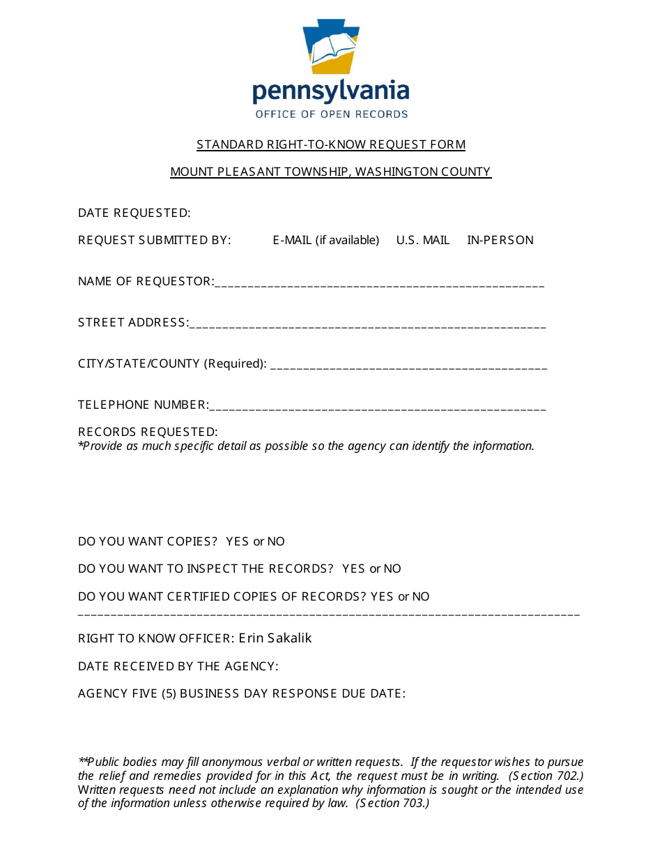 Standard Right-To-Know Request Form - Mount Pleasant Township, Pennsylvania, Page 1