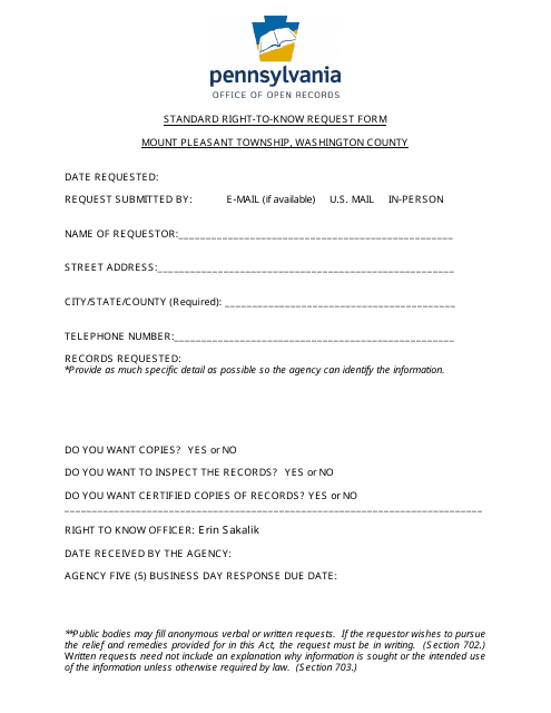 Standard Right-To-Know Request Form - Mount Pleasant Township, Pennsylvania Download Pdf