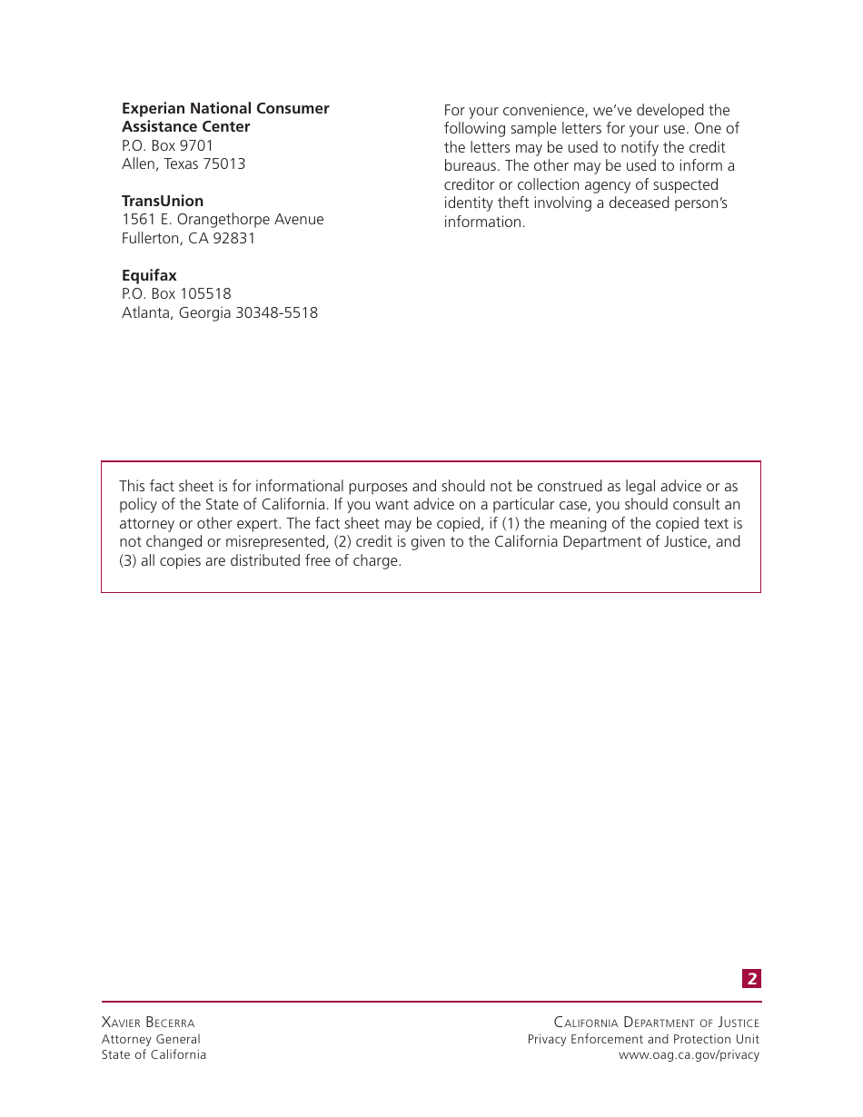 Sample Letter to the Credit Bureaus Notifying of Death - California, Page 2