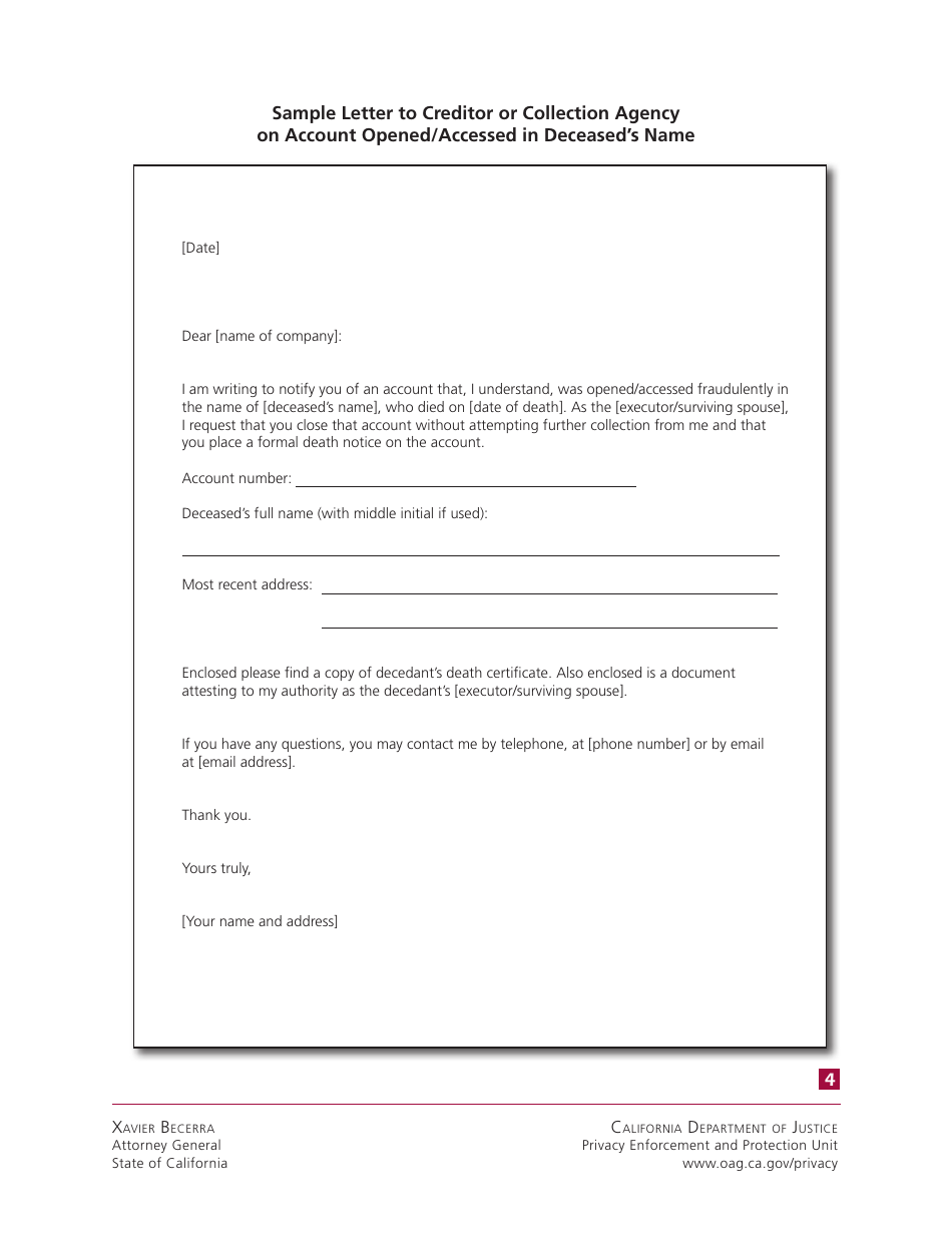 California Sample Letter to the Credit Bureaus Notifying of Death California Sample Letter to the Credit Bureaus Notifying of Death
