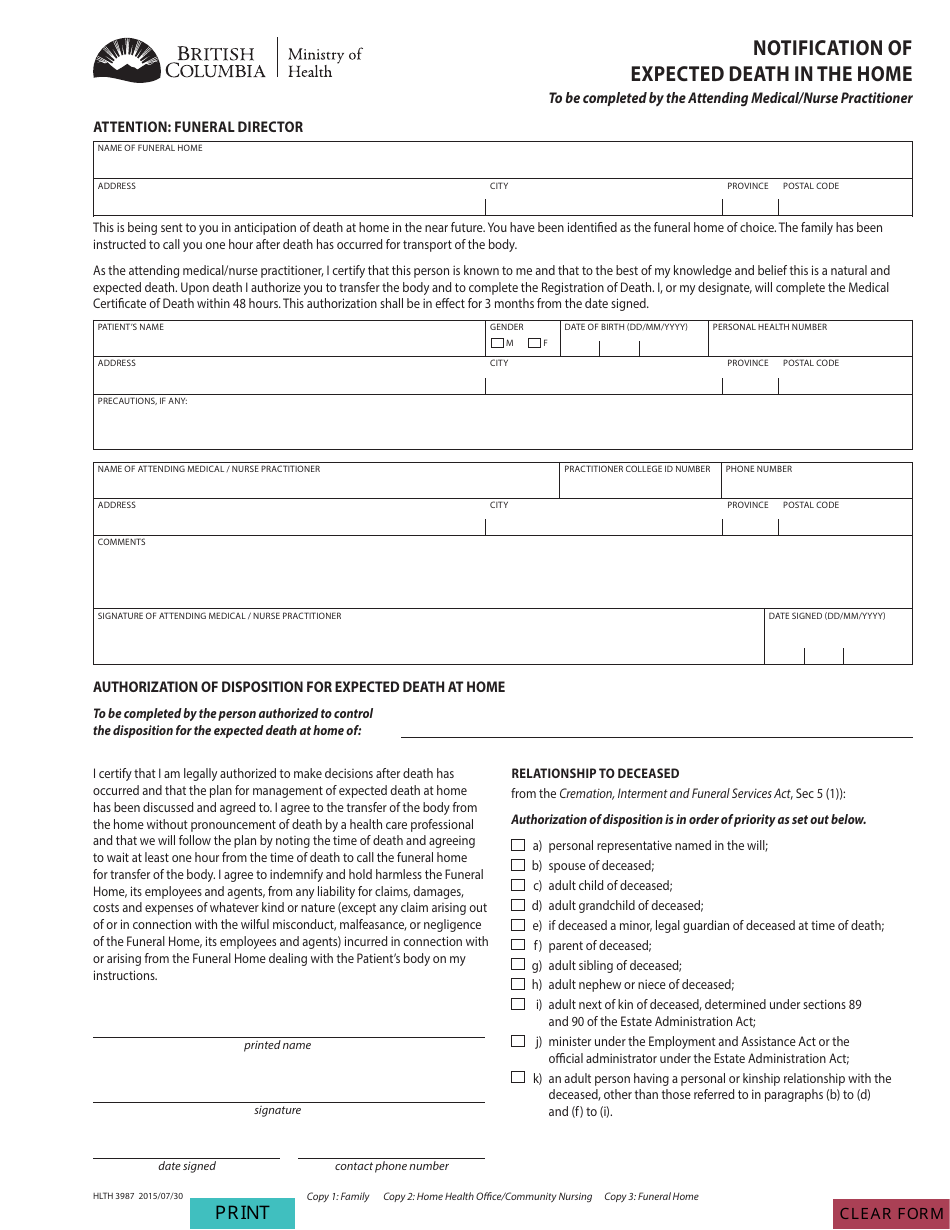 Form HLTH3987 Notification of Expected Death in the Home - British Columbia, Canada, Page 1