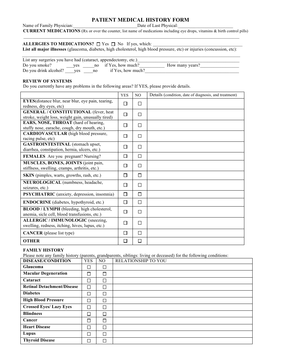 Patient Medical History Form - Table, Page 1