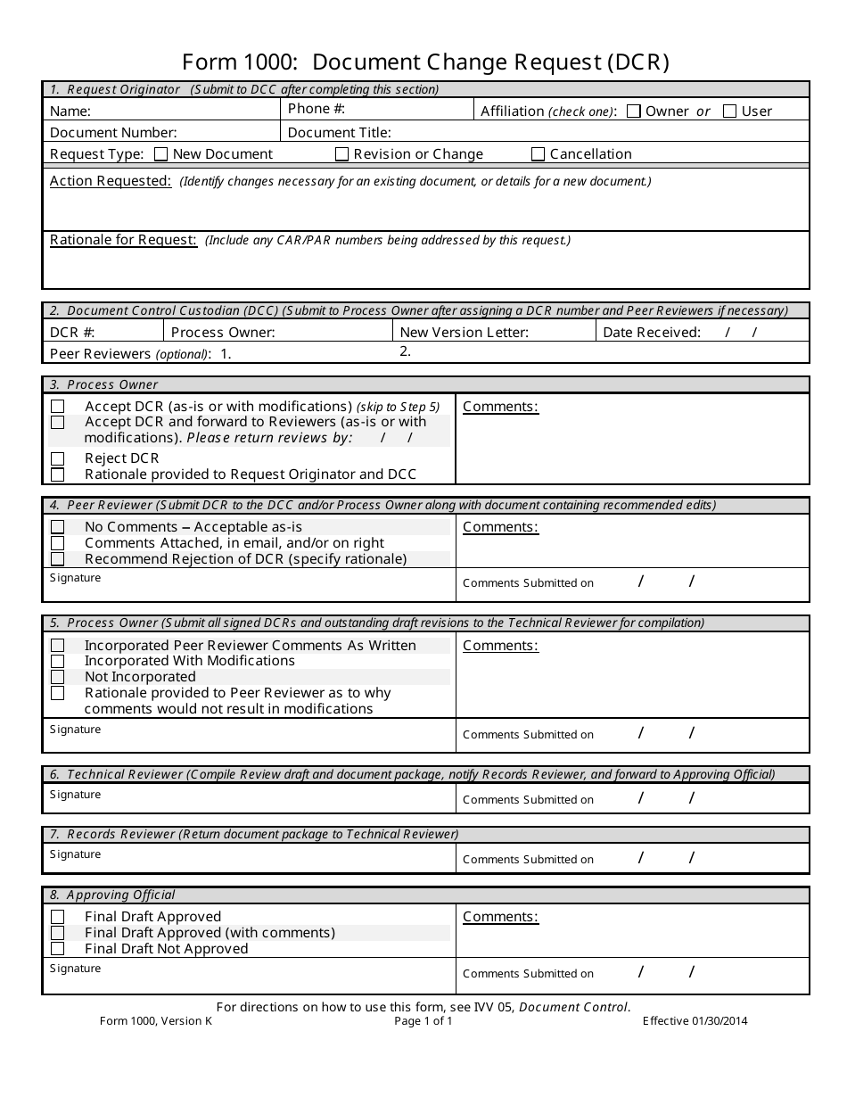 Form 1000 Document Change Request (Dcr), Page 1