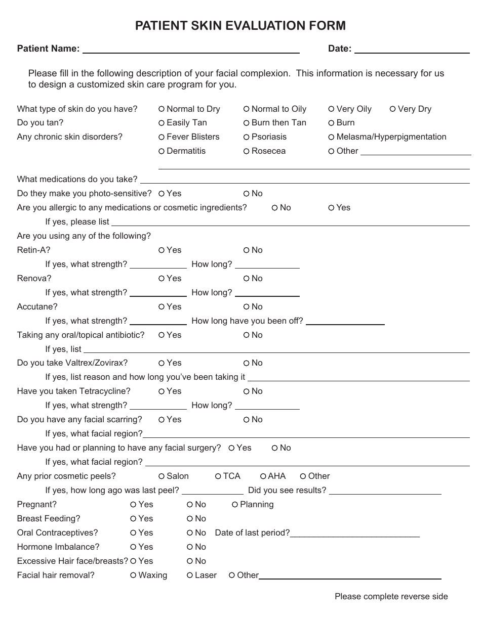 Patient Skin Evaluation Form, Page 1