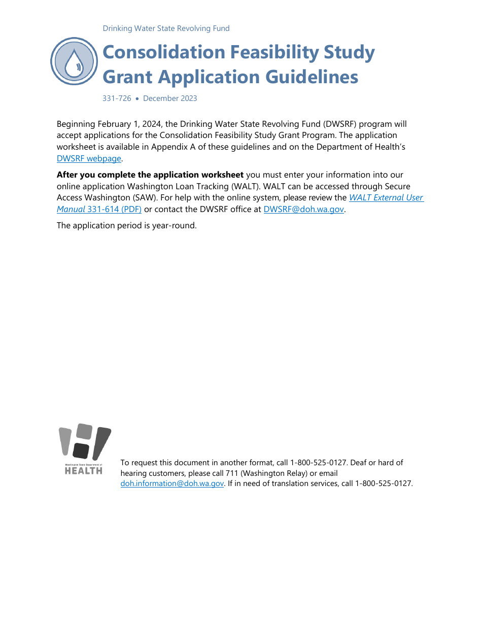 Form 331-726 Consolidation Feasibility Study Grant Application Worksheet - Washington, Page 1