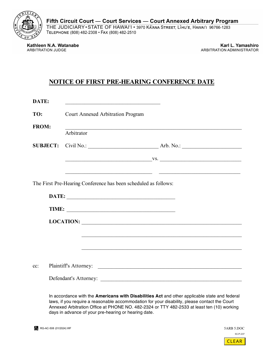 Form 5C-P-237 Notice of First Pre-hearing Conference Date - Hawaii, Page 1