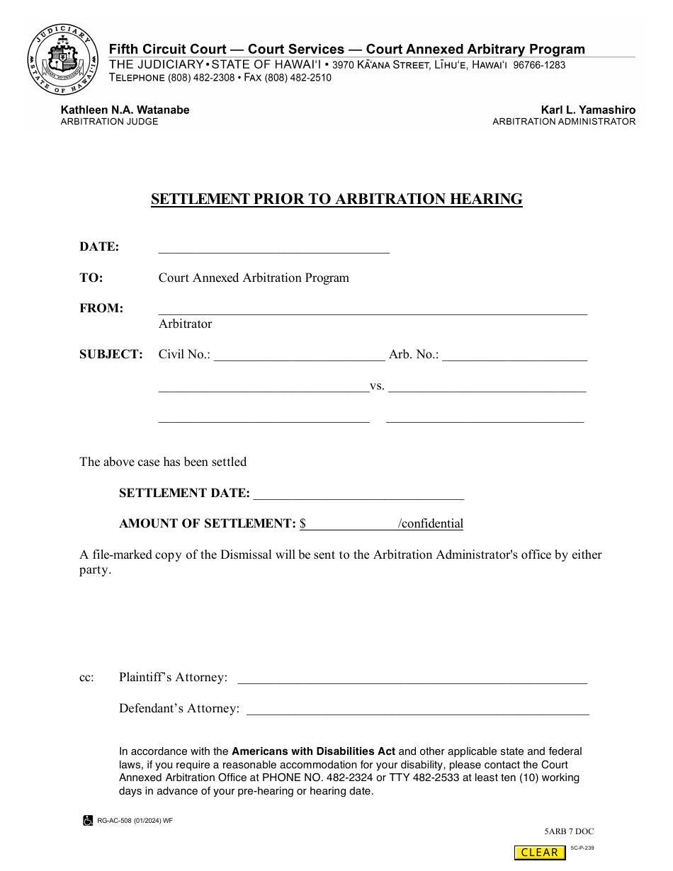 Form 5C-P-239 Settlement Prior to Arbitration Hearing - Hawaii, Page 1
