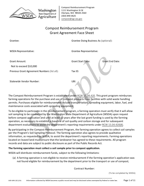 Form AGR-6491 Grant Agreement Contract - Compost Reimbursement Program - Sample - Washington