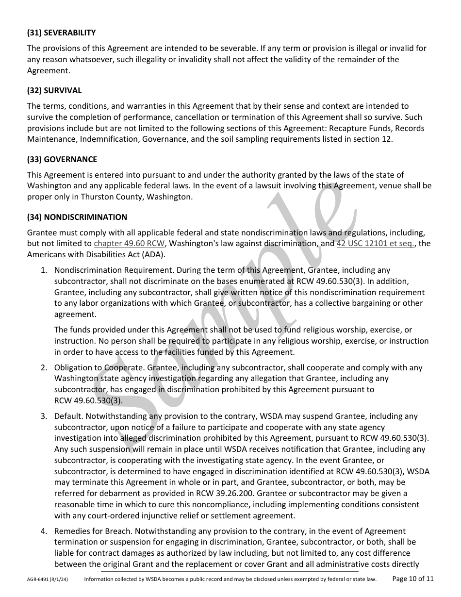 Form AGR-6491 Grant Agreement Contract - Compost Reimbursement Program - Sample - Washington, Page 10