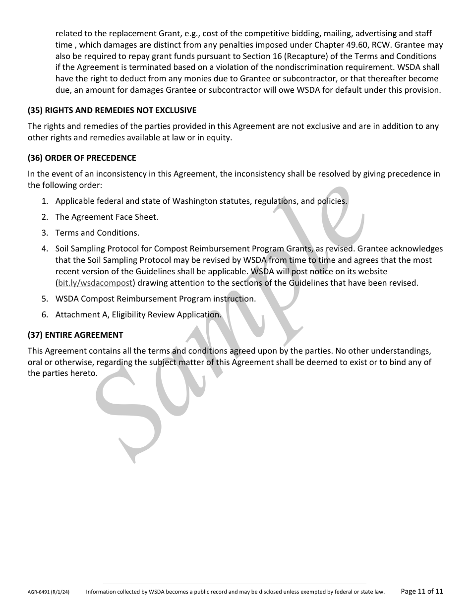 Form AGR-6491 Grant Agreement Contract - Compost Reimbursement Program - Sample - Washington, Page 11