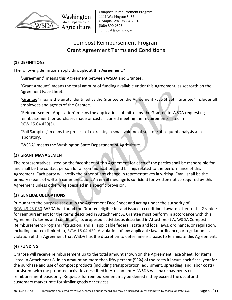 Form AGR-6491 Grant Agreement Contract - Compost Reimbursement Program - Sample - Washington, Page 3