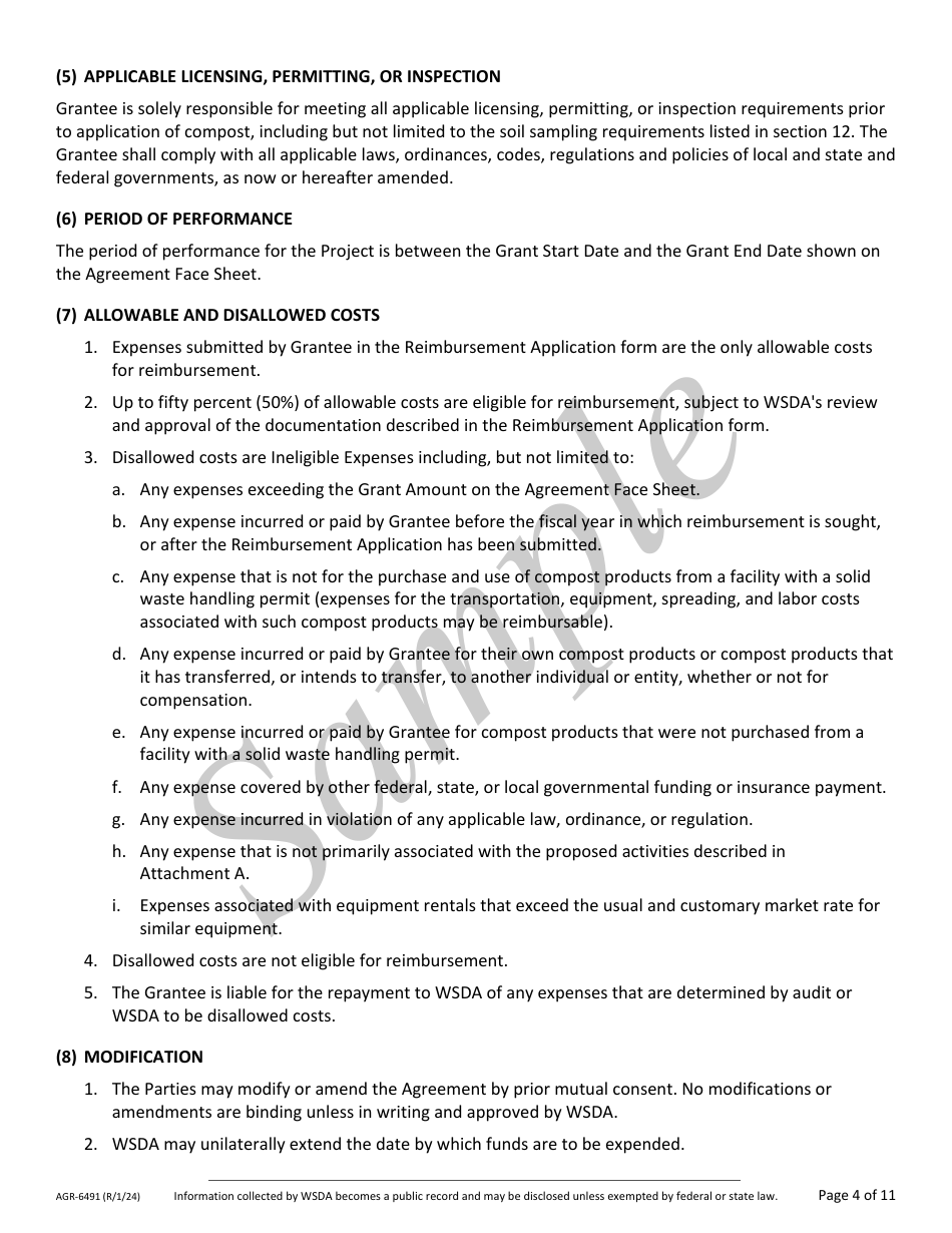 Form AGR-6491 Grant Agreement Contract - Compost Reimbursement Program - Sample - Washington, Page 4