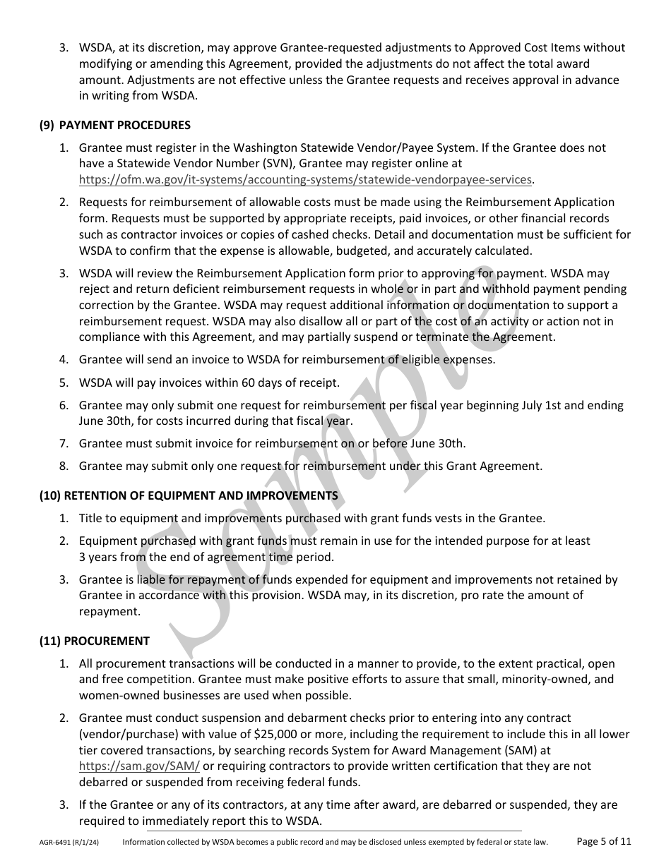 Form AGR-6491 Grant Agreement Contract - Compost Reimbursement Program - Sample - Washington, Page 5