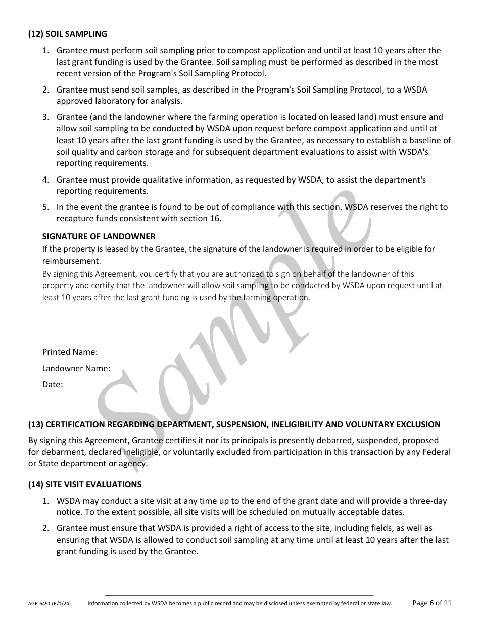 Form AGR-6491 Grant Agreement Contract - Compost Reimbursement Program - Sample - Washington, Page 6