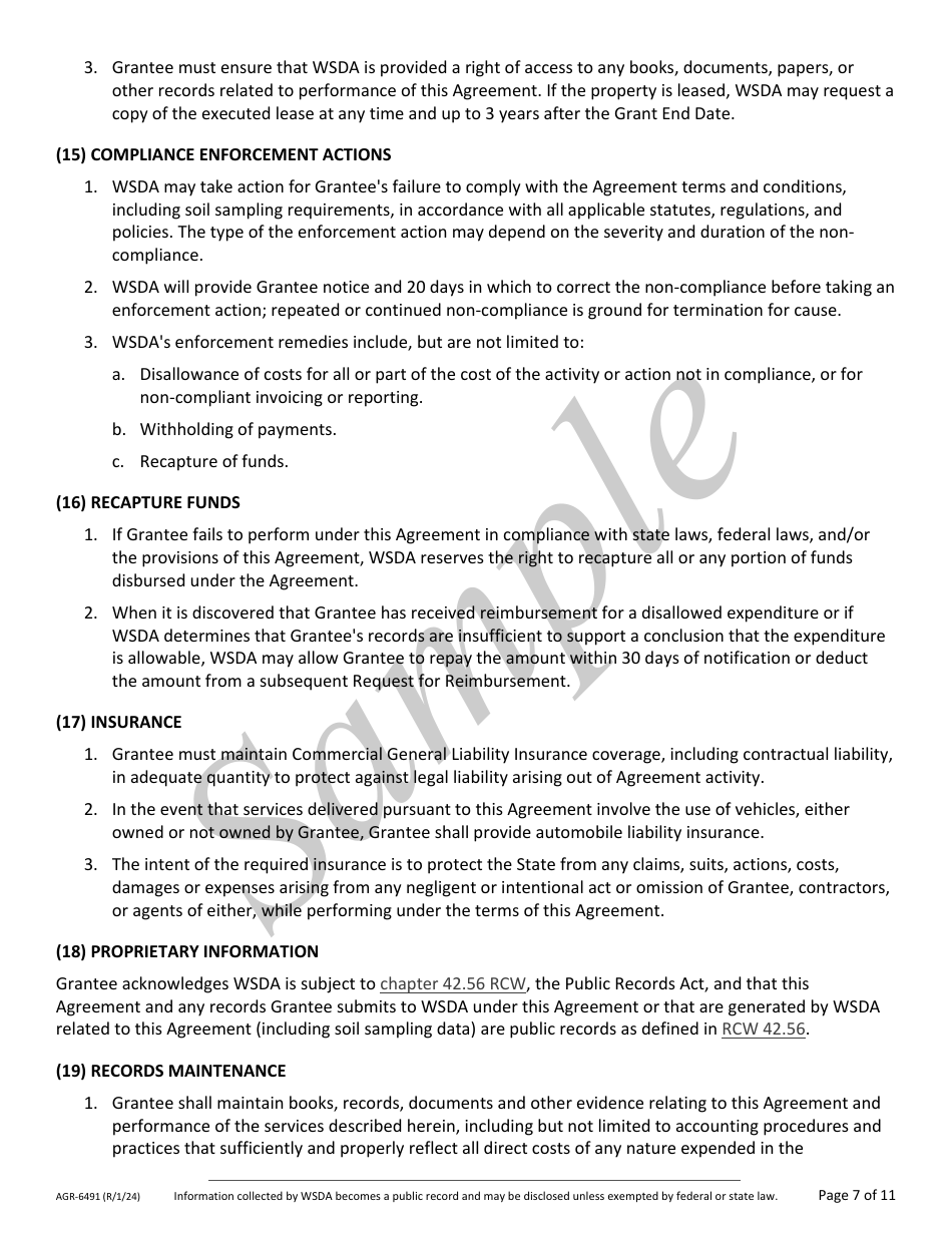 Form AGR-6491 Grant Agreement Contract - Compost Reimbursement Program - Sample - Washington, Page 7