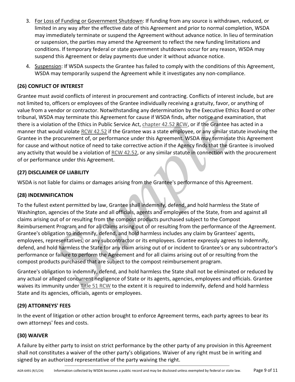 Form AGR-6491 Grant Agreement Contract - Compost Reimbursement Program - Sample - Washington, Page 9