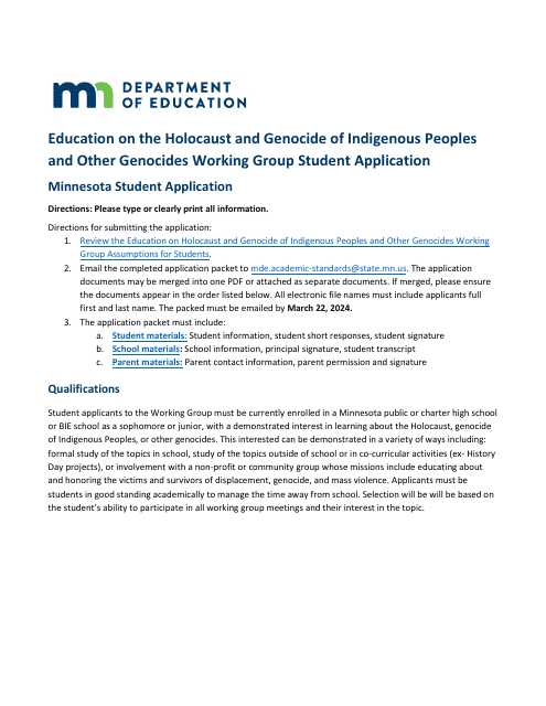 Education on the Holocaust and Genocide of Indigenous Peoples and Other Genocides Working Group Student Application - Minnesota Download Pdf