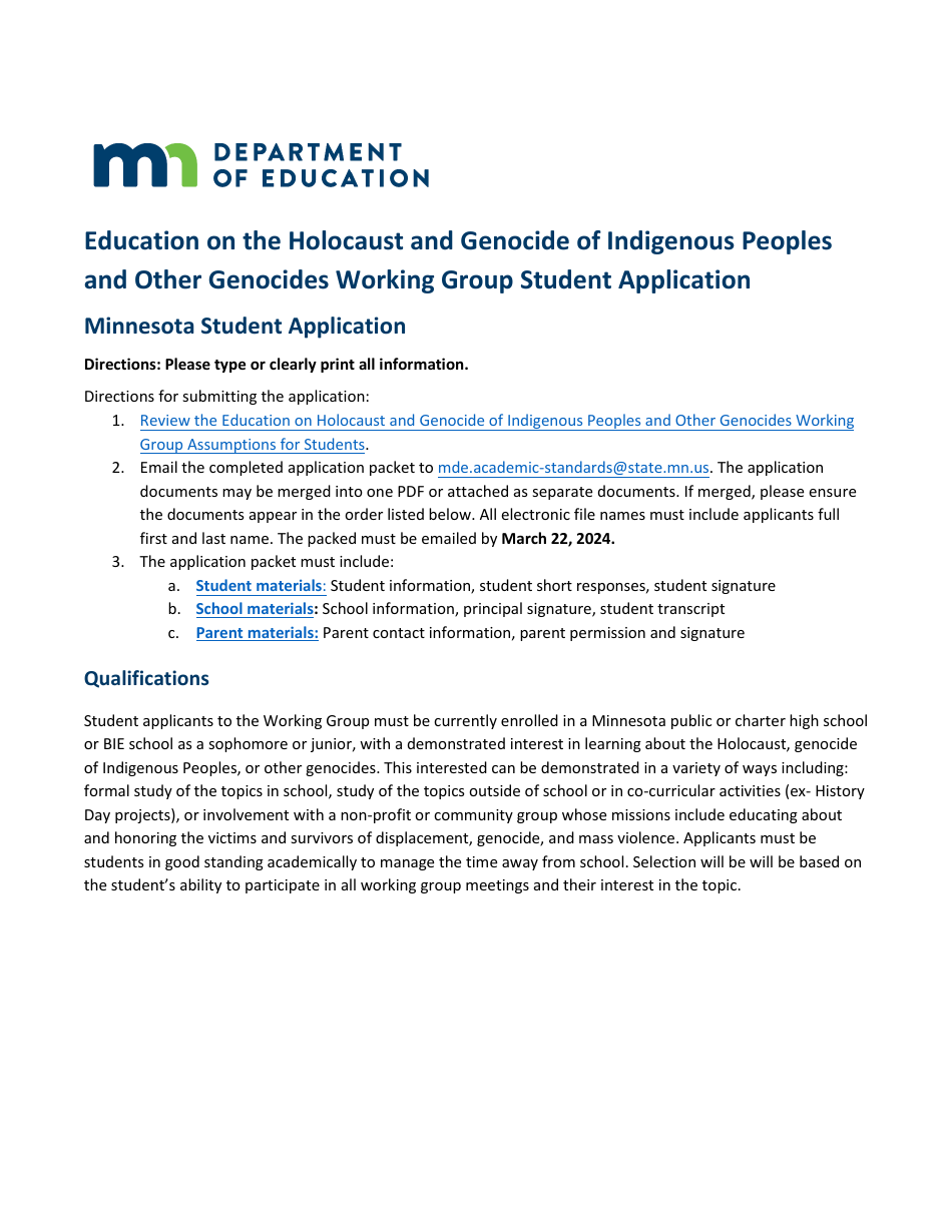 Education on the Holocaust and Genocide of Indigenous Peoples and Other Genocides Working Group Student Application - Minnesota, Page 1