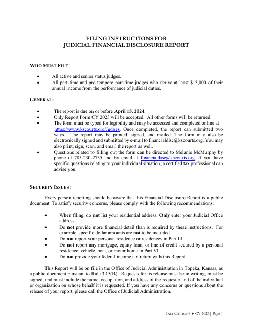 Instructions for Judicial Financial Disclosure Report - Kansas, 2023