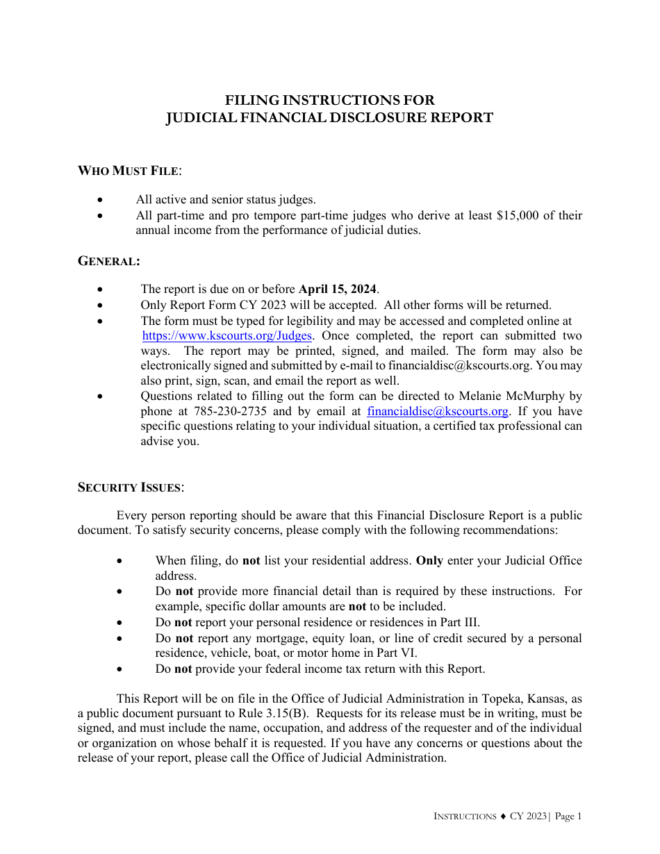 Instructions for Judicial Financial Disclosure Report - Kansas, Page 1