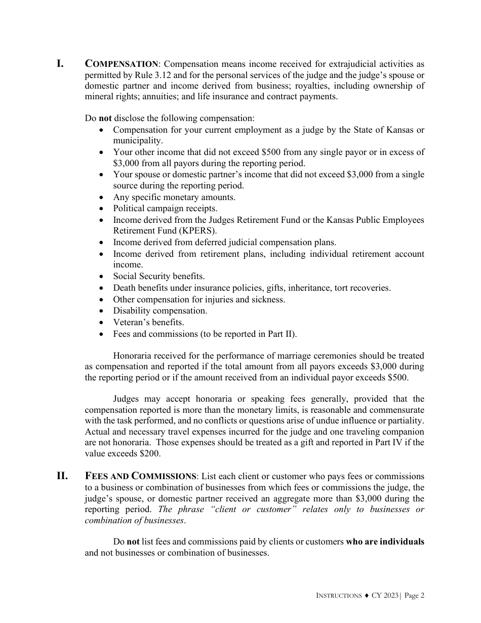 Instructions for Judicial Financial Disclosure Report - Kansas, Page 2