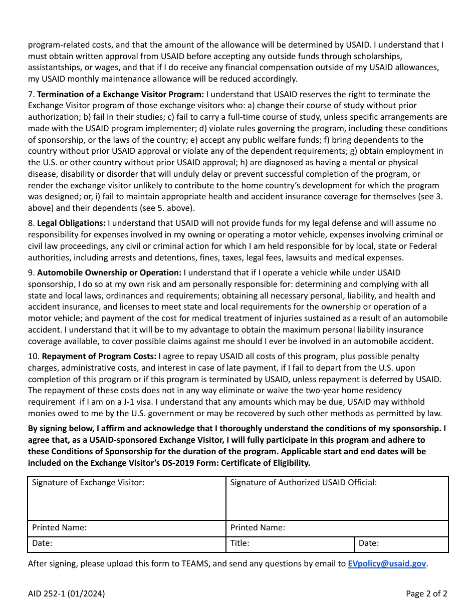 Form AID252-1 Conditions of Sponsorship for Exchange Visitor Activities, Page 2