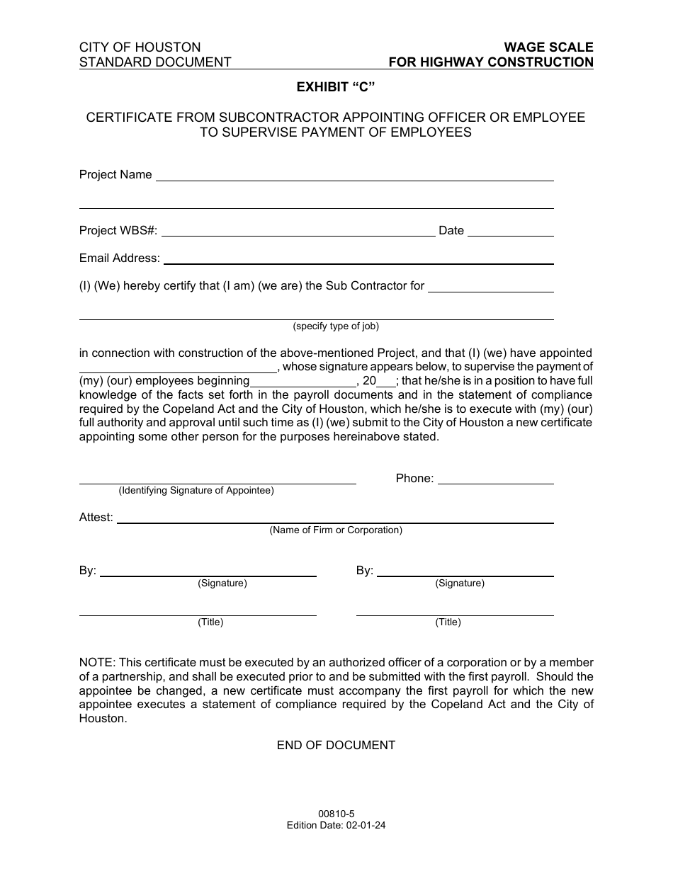 City of Houston, Texas Wage Scale for Highway Construction - Fill Out ...