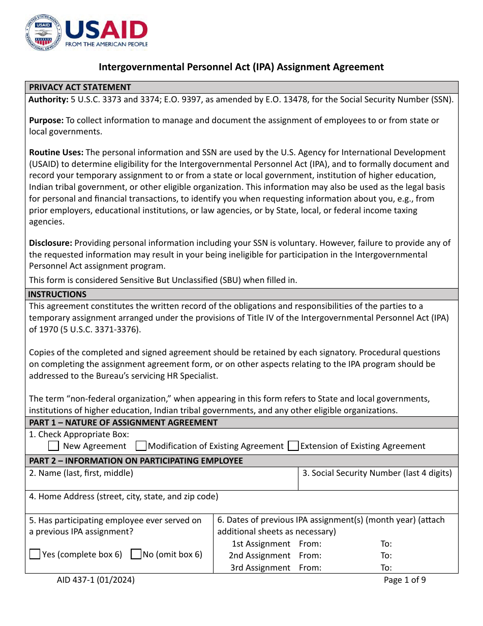 Form AID437-1 Intergovernmental Personnel Act (Ipa) Assignment Agreement, Page 1