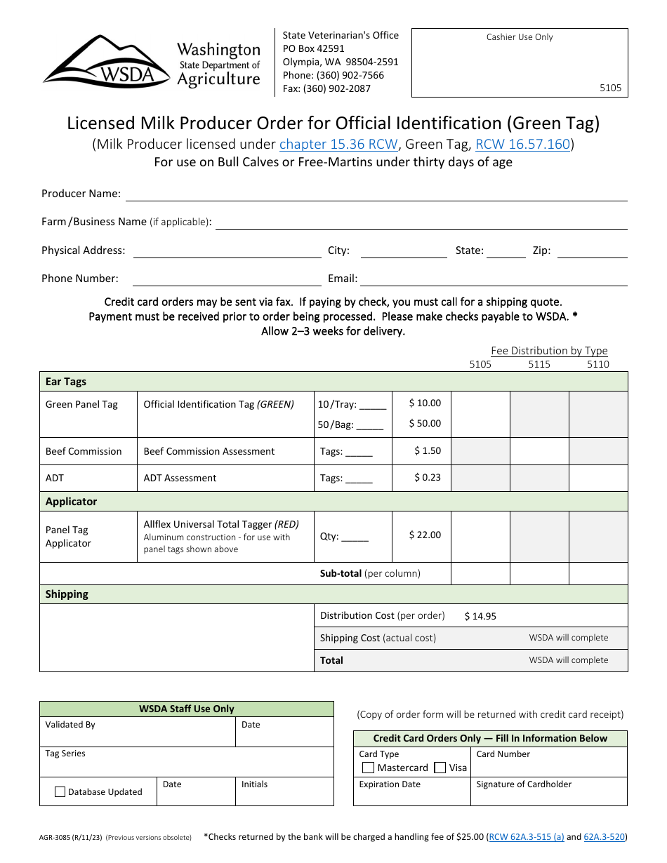 Form AGR-3085 Licensed Milk Producer Order for Official Identification (Green Tag) - Washington, Page 1