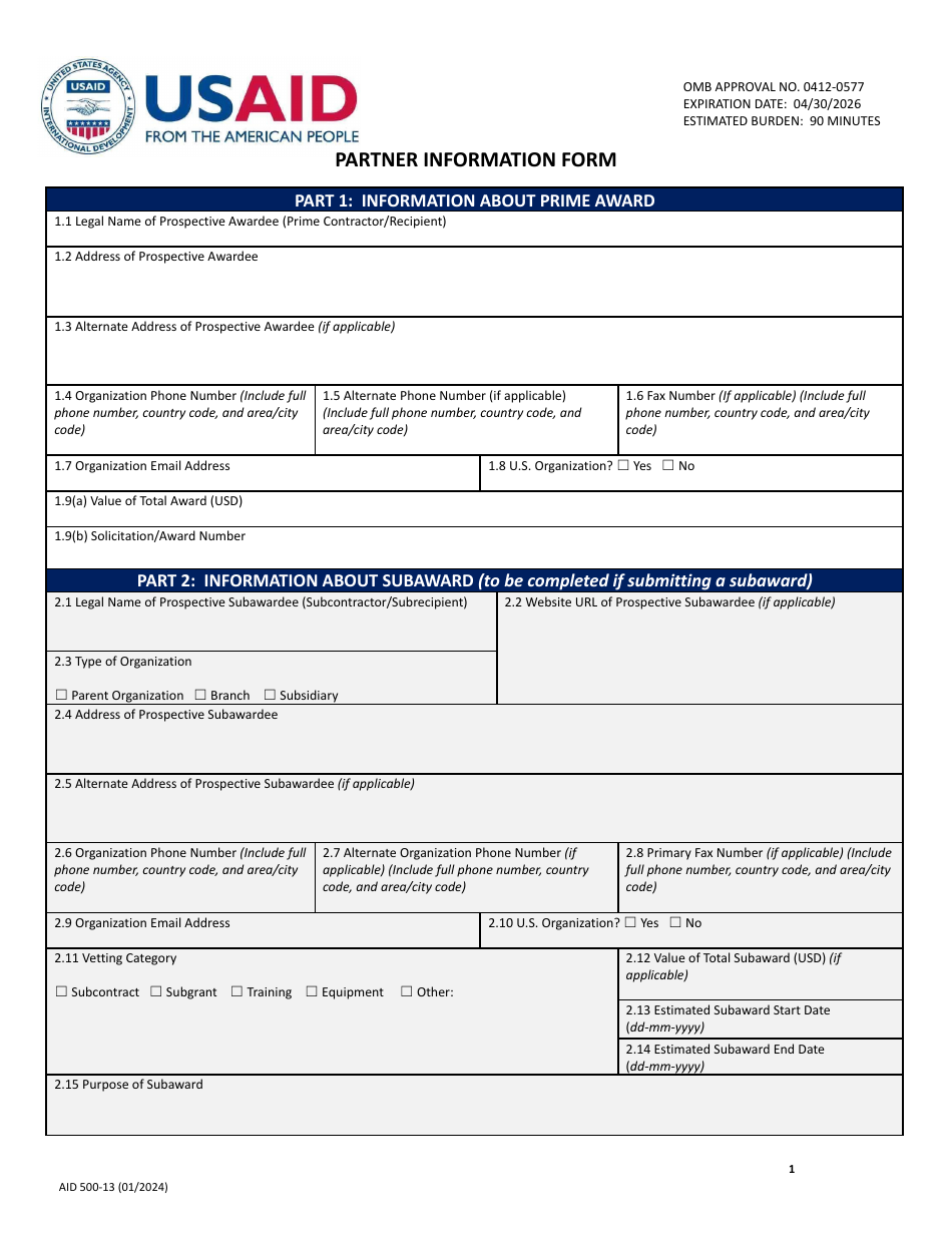 Form AID500-13 Partner Information Form, Page 1