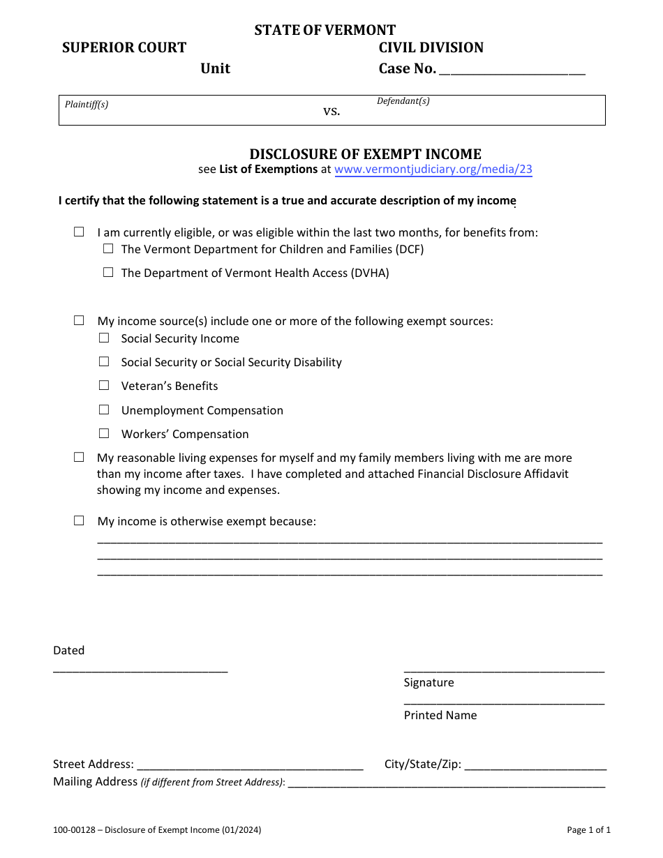 Form 100-00128 Disclosure of Exempt Income - Vermont, Page 1
