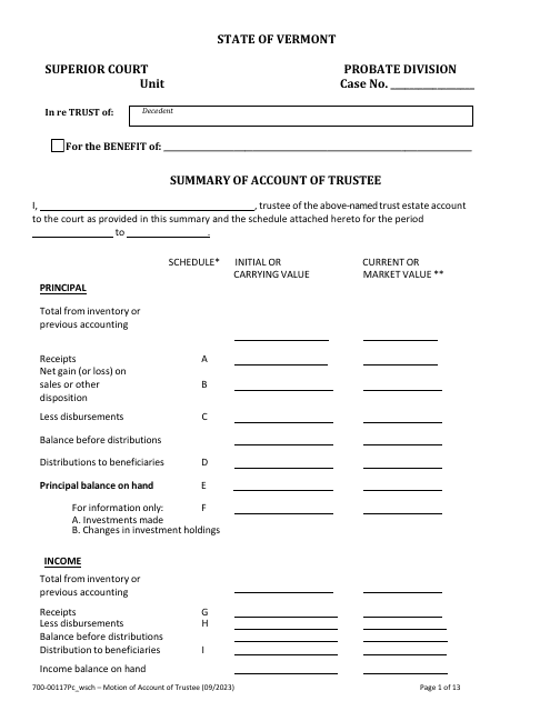 Form 700-00117PC Summary of Account of Trustee With Schedules - Vermont