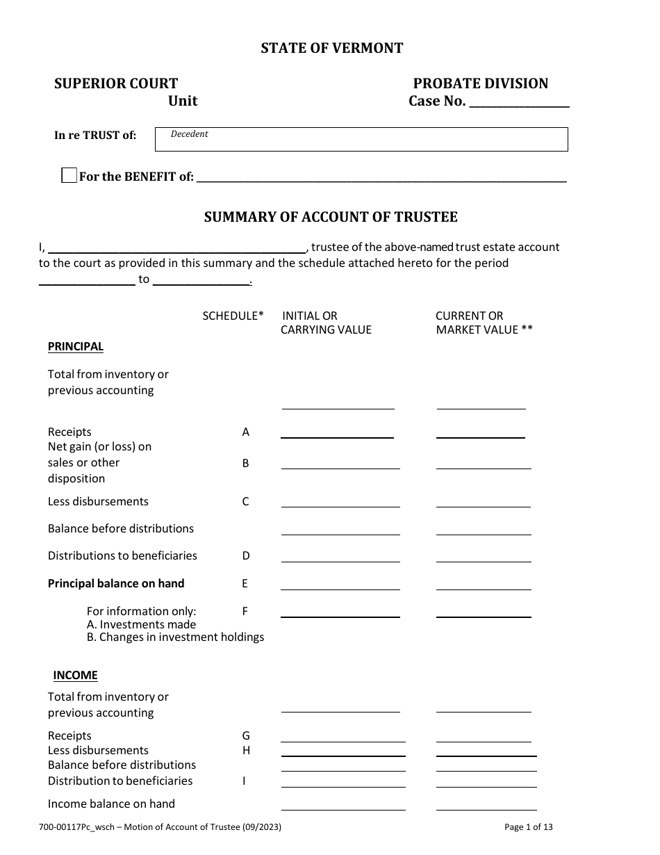 Form 700-00117PC Summary of Account of Trustee With Schedules - Vermont, Page 1