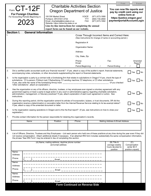 Form CT-12F Charitable Activities Form for Foreign Charities - Oregon, 2023
