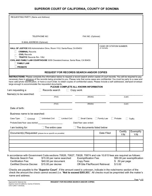Request for Records Search and / or Copies - County of Sonoma, California Download Pdf