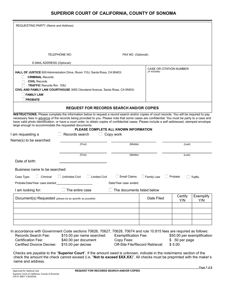 County of Sonoma California Request for Records Search and/or Copies