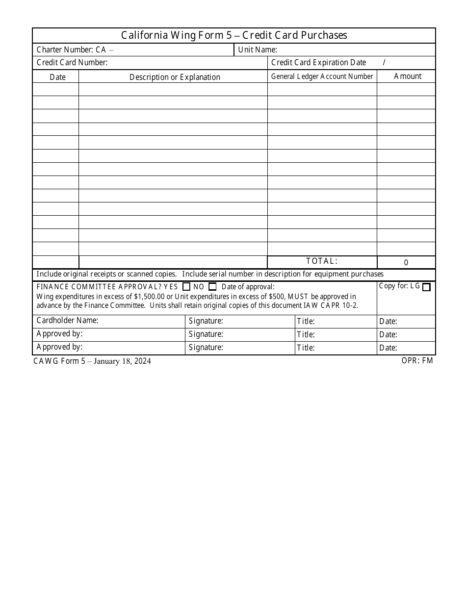 CAWG Form 5 Credit Card Purchases, Page 1