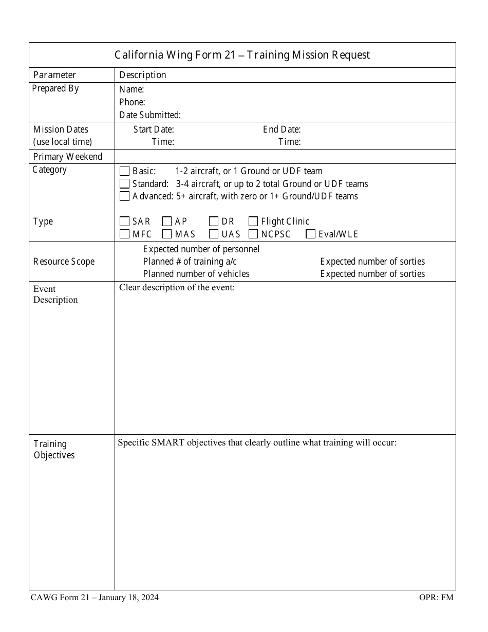 CAWG Form 21 Training Mission Request, Page 1