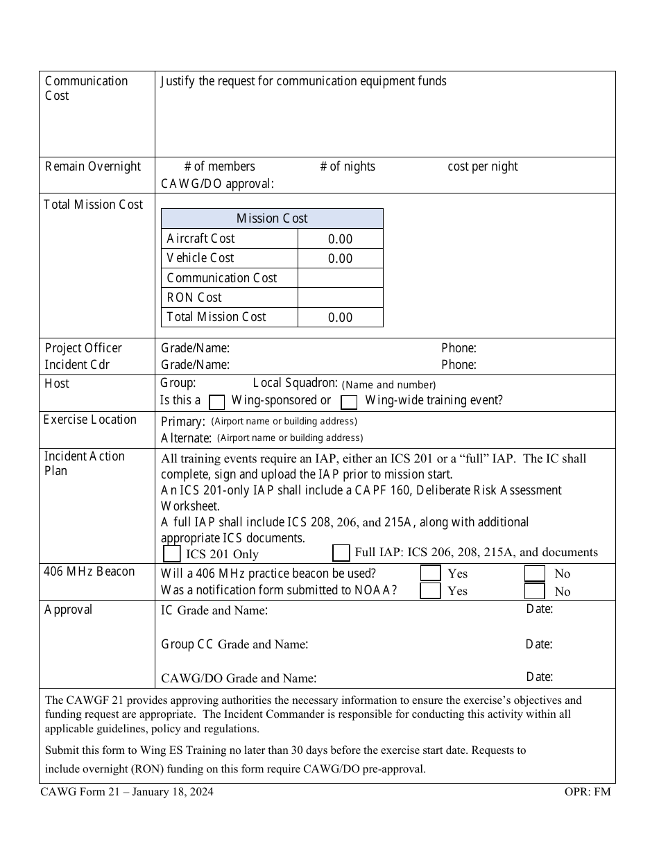CAWG Form 21 Training Mission Request, Page 3