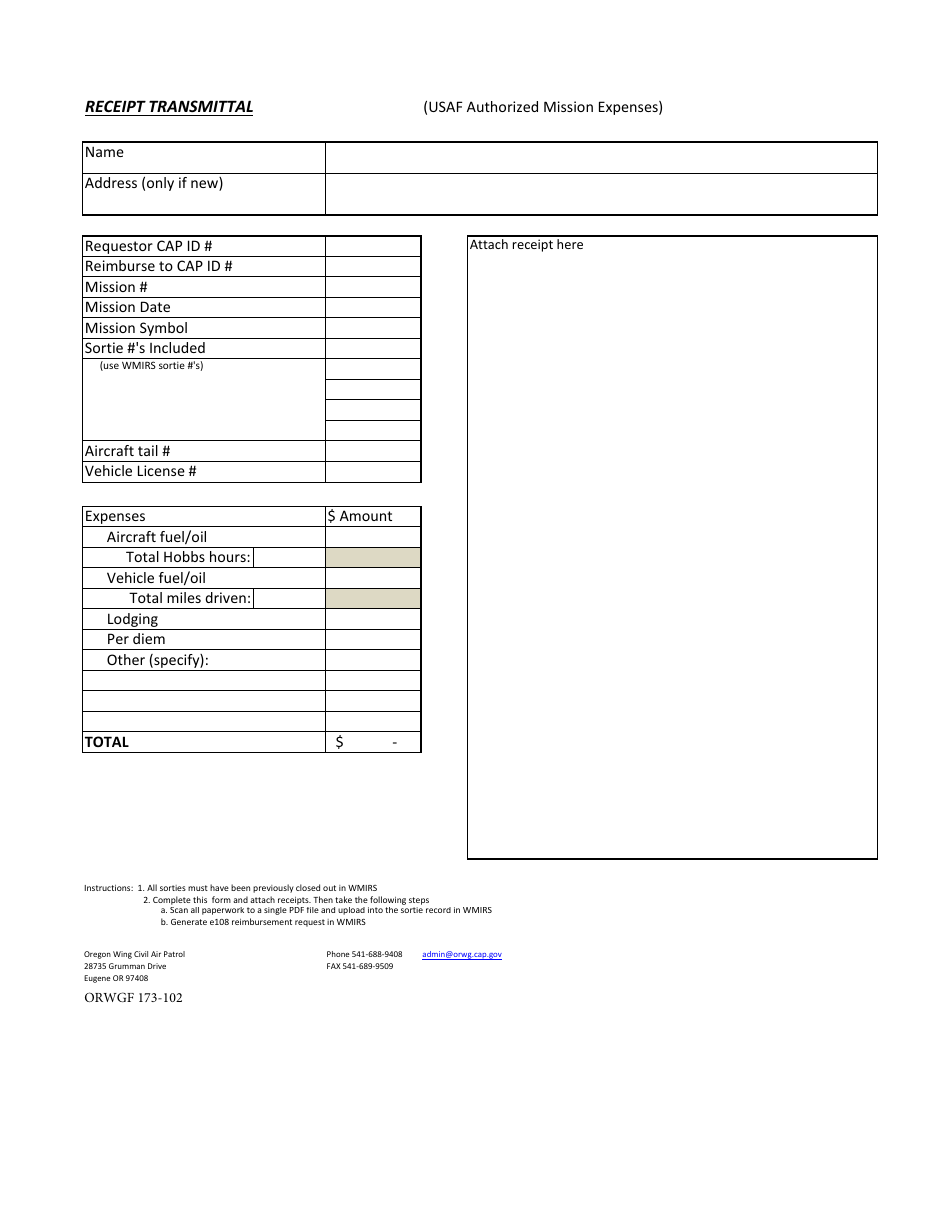 ORWG Form 173-102 Receipt Transmittal, Page 1