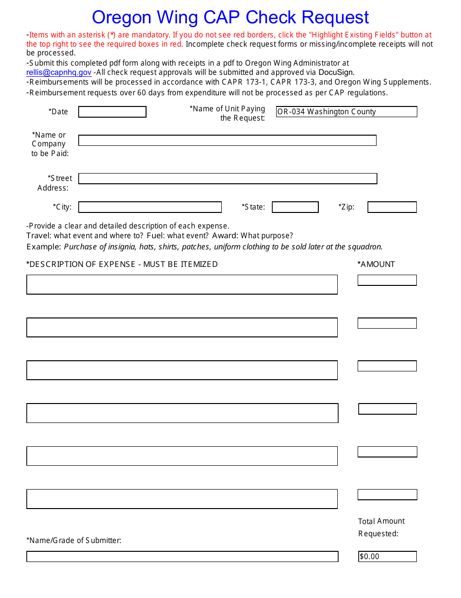 ORWG Form 173-103 Oregon Wing CAP Check Request, Page 1